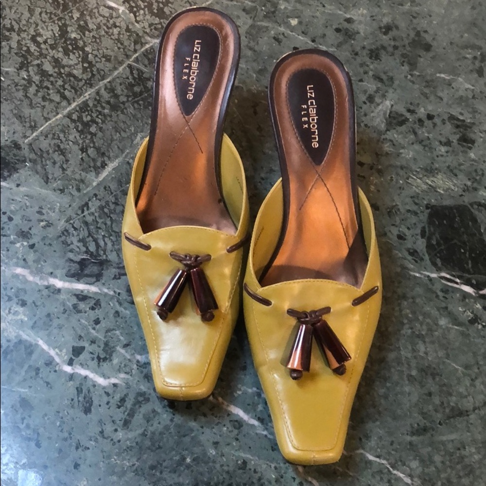 Green tasseled mules